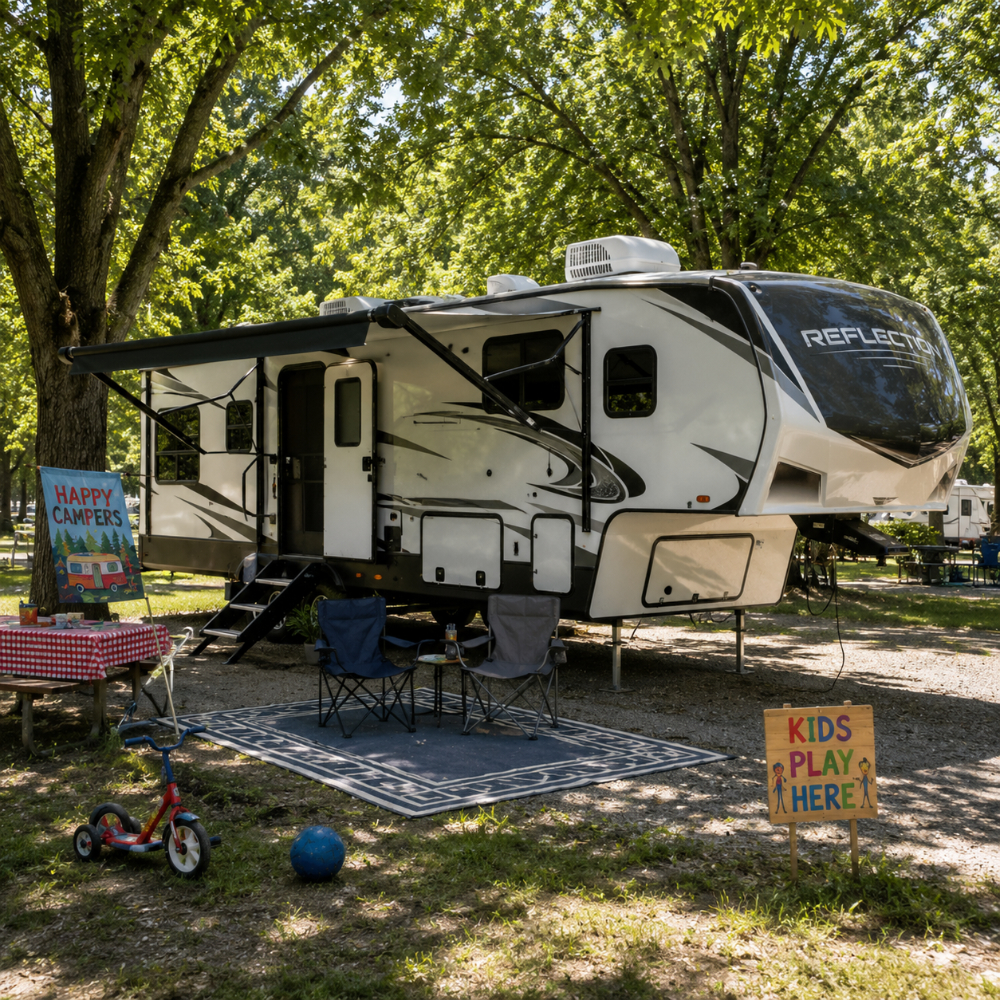 RV parked beneath shade trees with rooftop air conditioner running on a hot summer day. 