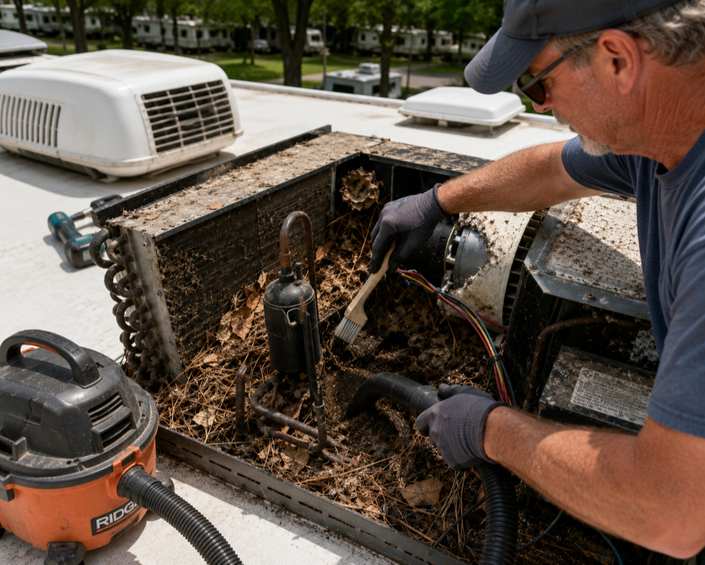 Cleaning an RV rooftop air conditioner before a summer camping trip.