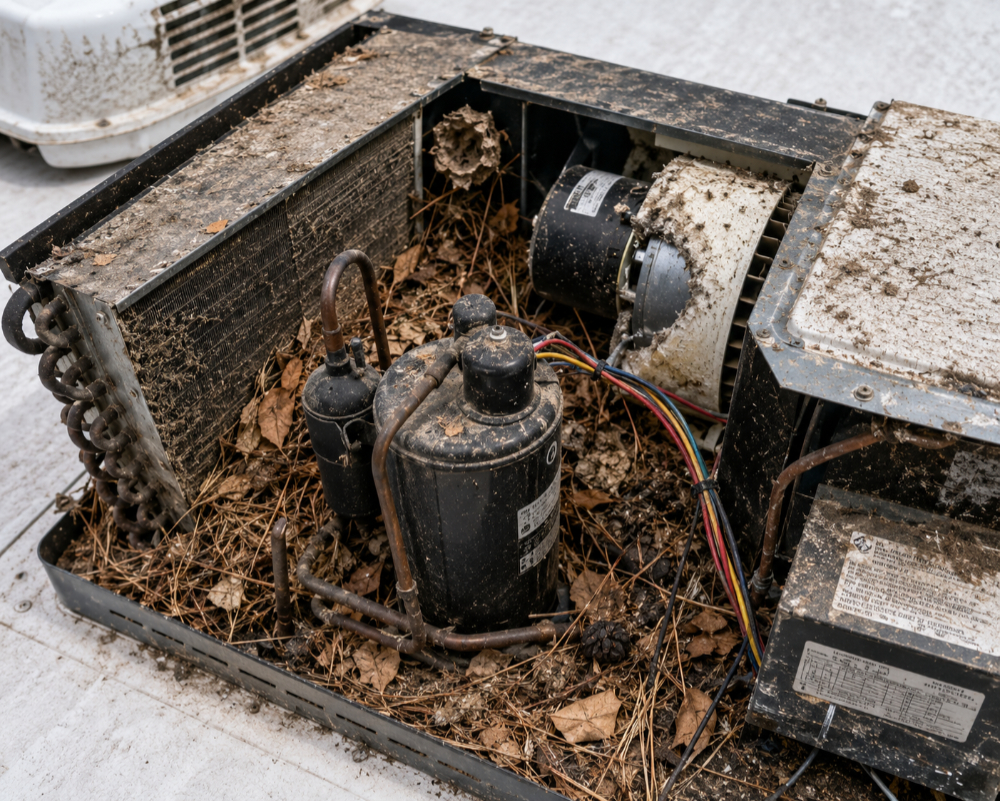 Cleaning an RV rooftop air conditioner before a summer camping trip.