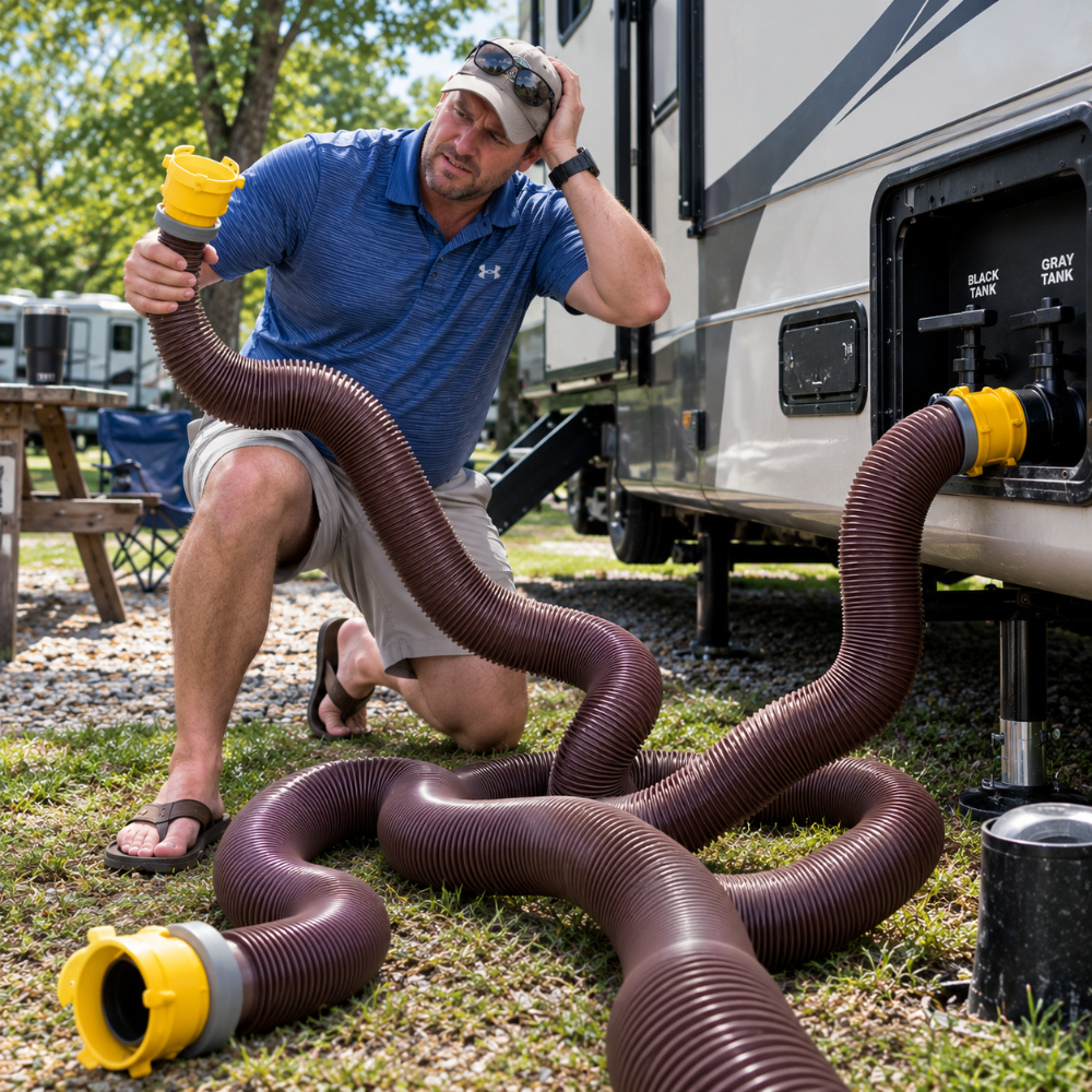 RV owner connecting sewer hose before dumping holding tanks.