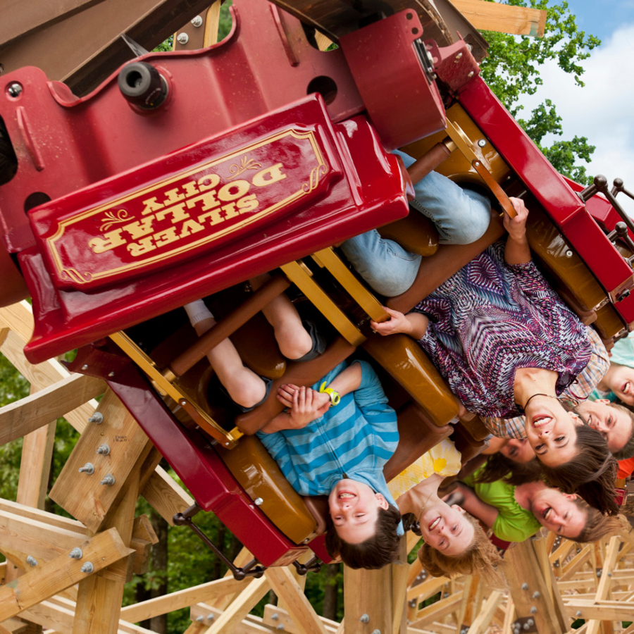 Roller coaster ride at Silver Dollar City surrounded by Ozark Mountain scenery
