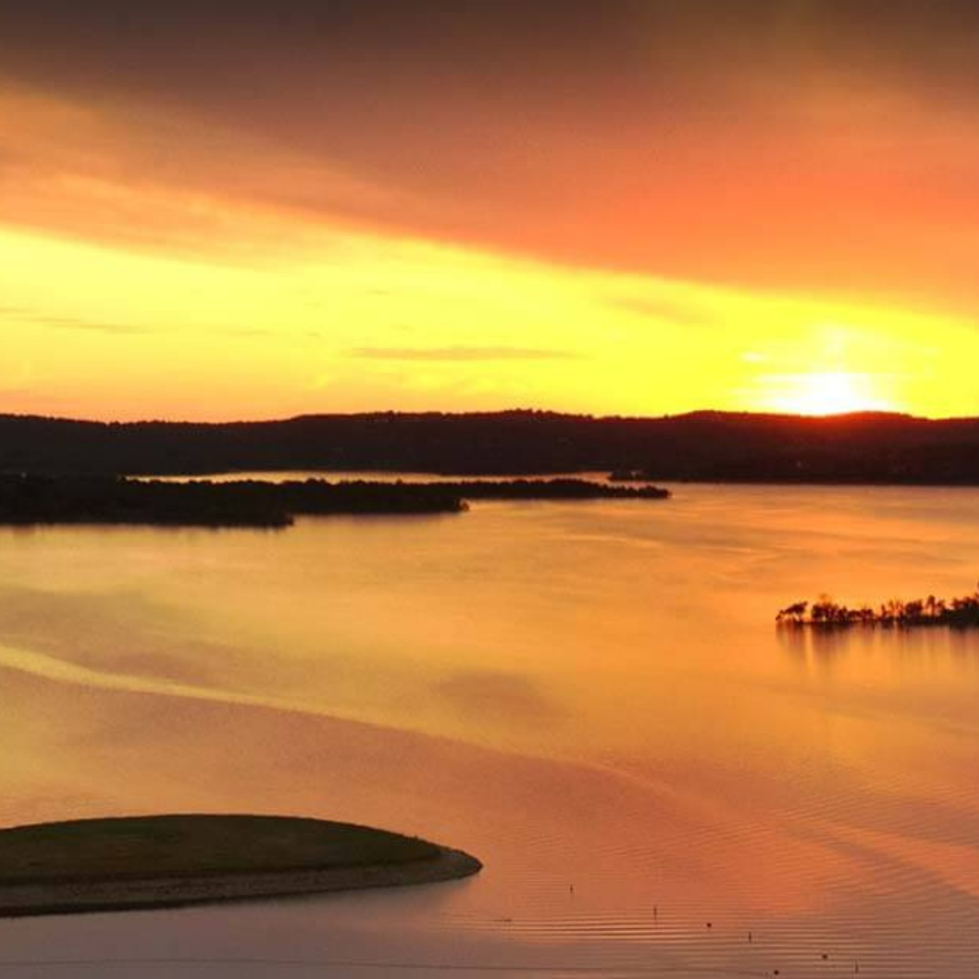 Sunset over Table Rock Lake near Branson, Missouri, with boats docked